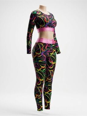 Women’s Multicolor Printed High-Waist Leggings & Crop Top Set - Pink Band